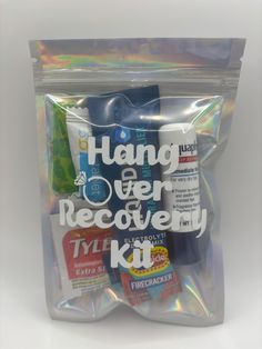 there is a plastic bag that has various items in it and the words hang over recovery written on it