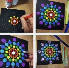 four pictures showing how to make an art project with colored circles and dots on black paper