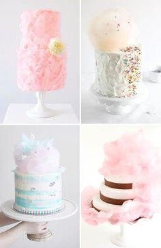 four different types of cakes with frosting and sprinkles