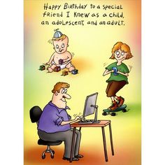 a cartoon birthday card with two kids on skateboards and one is using a computer