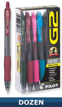 four different colored pens in a box with the caption dozen logo on it