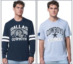 two young men wearing cowboys t - shirts, one in blue and the other in grey