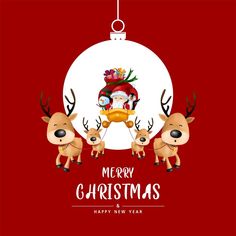 merry christmas card with reindeers and santa