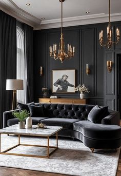 An elegant living room in deep grey hues, with a plush velvet sofa as the centerpiece. The room features elegant gold accents, a marble coffee table, and luxurious lighting fixtures. Dark grey curtains add sophistication, while a soft, patterned rug brings texture to the floor. Dark Living Room Ideas, Gothic Living Room, Living Room Decor Styles, Moody Living Room, Ad Inspiration, Black Living Room Decor, Sleek Decor, Dark Living Rooms, Dark Home Decor