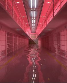 a long hallway with red walls and bars on the ceiling is lit by bright lights