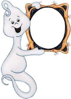 a white ghost holding up a black and gold frame with the letter c on it