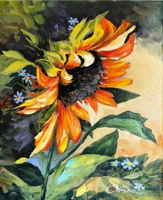 an oil painting of a sunflower with blue flowers