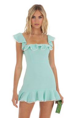 Celosia Ruffle Mini Dress in Aqua | LUCY IN THE SKY Cute Birthday Dresses For Teens Preppy, March Party Dress, Cotillion Dresses Mini, Preppy Dresses Summer Country Club Prep, Hoco Dresses Mini Preppy, Junior Prom Dresses Short Preppy, Preppy Confirmation Dresses, Pollie Mini Dress Revolve, Barmitzva Dress Guest