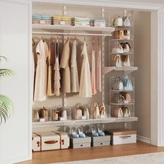 an organized closet with clothes and shoes