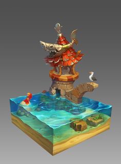 an animated image of a small tower on top of a body of water with a bird flying over it