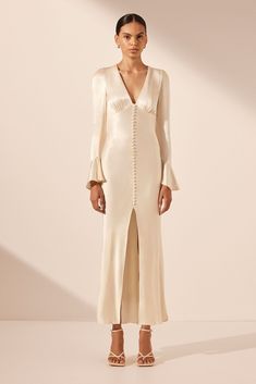 La Lune Frill Cuff Bias Midi Dress | Cream | Dresses | Shona Joy Shona Joy La Lune, Shona Joy Dress, Cream Maxi Dress, Shona Joy, Dress Cream, Midi Length Skirts, Handmade Dresses, Long Sleeve Maxi, Cream Dress