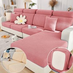 a living room with pink couches and white furniture