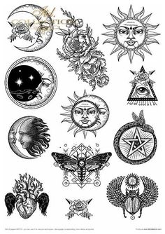 an assortment of sun and moon tattoo designs on white paper with black ink, including the symbols