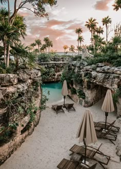 some chairs and umbrellas are on the sand near water with palm trees in the background