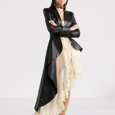 Goth Coat, Tuxedo Coat, Leather Jacket Dress, Ruffle Jacket, Pu Leather Jacket, Trench Jacket, Irregular Hem, Solid Clothes, Long Coat