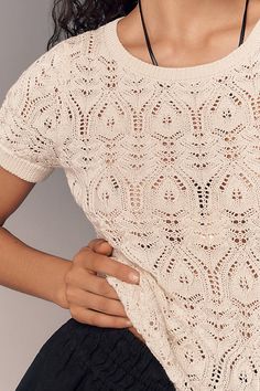 50% cotton, 50% acrylic Pullover styling Hand wash Imported | Crochet Stitched Sweater T-Shirt by Anthropologie in White, Women's, Size: XS, Cotton/Acrylic Crochet Stitches, Stitched Sweater, Anthropologie Crochet, Floral Sweater, 50 Fashion, Pullover Styling, Sweater Outfits, Sweater Top, Color Coding