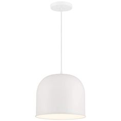 a white light hanging from the ceiling with a circular shade on it's side