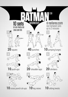 the batman workout poster shows how to do it in 10 minutes or less, with instructions for