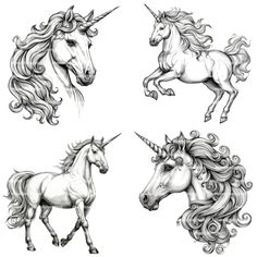 four different unicorns are shown in this drawing