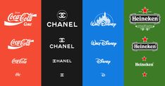 the logos for different brands are shown in four colors, including red, green, blue and black