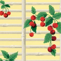 a painting of cherries on the outside of a window sill with green leaves