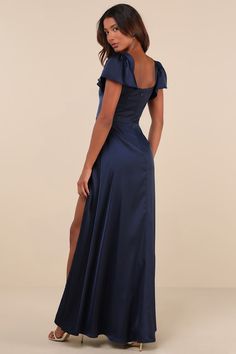 Navy Blue Satin Dress - Flutter Sleeve Dress - Navy Blue Gown - Lulus Navy Satin Maxi Dress, Navy Blue Minimalist Wallpaper, Navy Formal Dress Long, Navy Dress Formal, Royal Blue Clothes, Prom Dresses 2025, Dark Blue Bridesmaids, Prom Dresses Sleeves, Show Choir Dresses