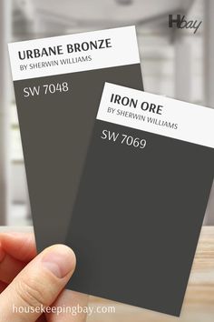 The image shows two paint swatches side by side. On the left is "Urbane Bronze" SW 7048, a rich dark bronze with warm undertones, and on the right is "Iron Ore" SW 7069, a deep, almost black charcoal gray. Both swatches are being held by a hand, and the background is blurred, showing an indoor setting with neutral tones. The two colors are bold, dark, and neutral, perfect for accent walls or cabinetry. Sw Urban Bronze Exterior, Trim Color Ideas, Bronze Living Room, Bronze Color Palette, Bronze Color Scheme, Iron Ore Sherwin Williams, Coordinating Paint Colors, Urbane Bronze, Worldly Gray