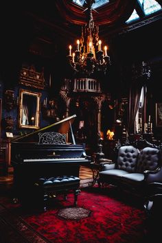 Gothic Living Room Ideas Victorian, Haunted Living Room, Grand Piano Aesthetic, Vintage Goth Aesthetic, Vampire Room, Victorian Gothic Home Decor, Intricate Woodwork, Vampire House, Victorian Room