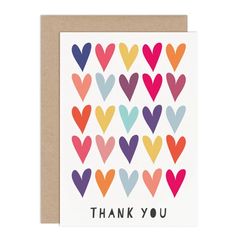 a thank card with colorful hearts on it