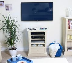 a flat screen tv mounted to the side of a wall next to a potted plant