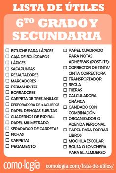 an orange and white poster with the words list de utiles 6 gradoy segundraa