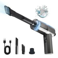 an electric hair dryer with blue light coming out of it's top and various accessories surrounding it