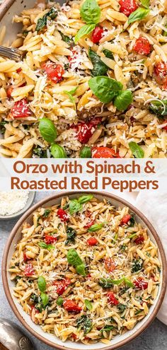 two pictures showing different types of pasta with spinach and roasted red peppers