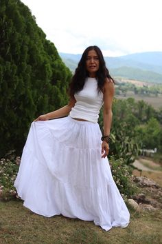 All items are shipped to Thailand Post . Free upgrade to D.H.L Express when you but 2 or more. The USA only. Please leave a phone number with orders . US sizing fits XS - XL please check the sizes in inches in the description. This lovely Boho long skirt is made from 100% cotton soft and very comfortable .The skirt is in three tiers , full elastic waist band and half lined A great piece to wear with a tight or cropped top . Its is very comfy to wear and easy to care for just wash cold cycle hang Jean Dress Outfits, Anushka Pics, Long Boho Skirt, Boho Style Skirts, Long Flowy Skirt, Modest Skirt, Skirt Outfits Fall, White Long Skirt, Full Length Skirt