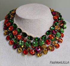 anna wintour necklace,Austrian crystal necklace,harlequin riviere,peridot Georgian paste collet,statement necklace,emerald oval riviere by FashionLILLA on Etsy