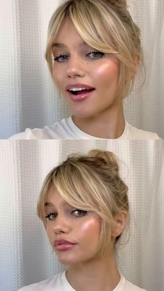 Hair Up Fringe Down, Short Disco Hair, Blonde Hair With Fringe, Blond Pony, Cool Blonde Hair Colour, Hairstyle Examples, Hair Color Underneath, Cool Blonde Hair, Corte Bob