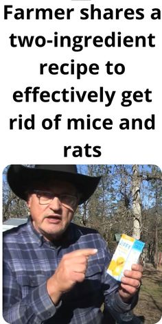 a man wearing a cowboy hat and glasses holding a packet of fertiively get rid of mice and rats