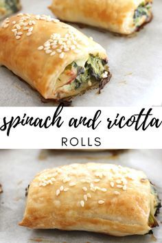 spinach and ricotta rolls on a baking sheet with text overlay that reads spinach and ricotta rolls