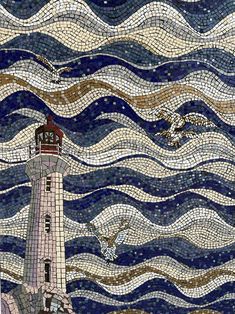 a lighthouse in the ocean with waves and seagulls flying around it on a mosaic tile background