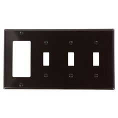 a black metal switch plate with three outlets and two plates on each side, one is facing