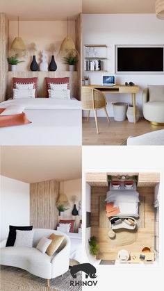 three different pictures of a bedroom and living room with white furniture, wood paneled walls and flooring