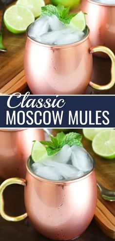 two moscow mules with lime and mint garnish in copper mugs