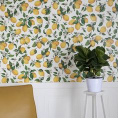 a yellow chair sitting in front of a wallpapered with lemons and leaves