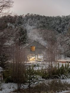 a house surrounded by trees and snow covered ground in front of a mountain with a lit up window