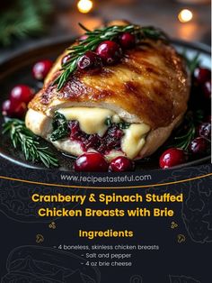 Cranberry Spinach Stuffed Chicken, Spinach Cranberry Stuffed Chicken, Cranberry And Spinach Stuffed Chicken, Cranberry Stuffed Chicken Breast, Spinach Cranberry Stuffed Chicken With Brie, Christmas Chicken Breast Recipes, Chicken Thighs Slow Cooker Recipes, Deli Recipes, Brie Cranberry