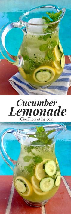 a pitcher filled with cucumber lemonade next to a pool