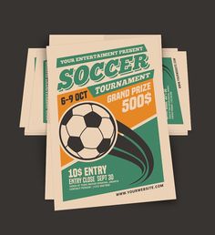 two flyers for a soccer tournament are stacked on top of each other in front of a black background