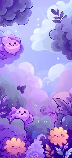 an animated purple background with flowers and clouds