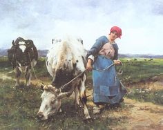 a painting of a woman leading two cows