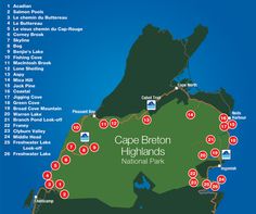 map of cape breton highlands national park with locations marked in red and blue, along with information about the area